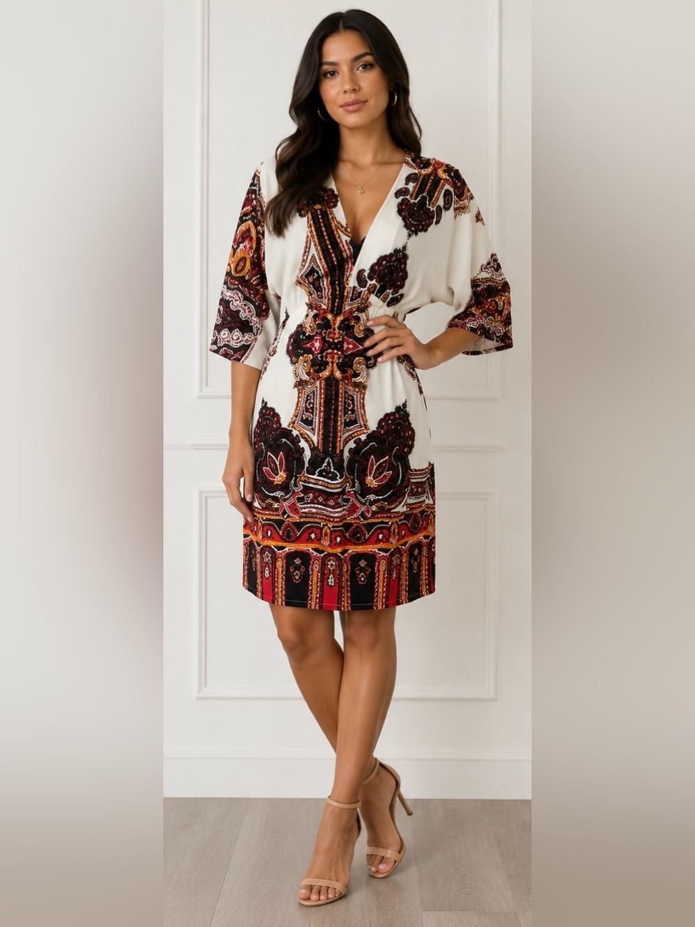Cristinalove Boho Paisley V-Neck Midi Dress in Cream, Black & Rust Size: M